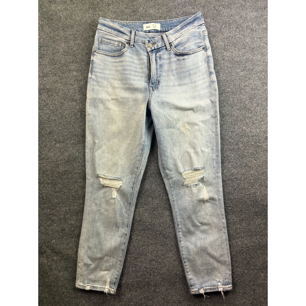 BKE Ellie Mom Jeans Womens 30 Light Blue Distressed High Rise Frayed Hem